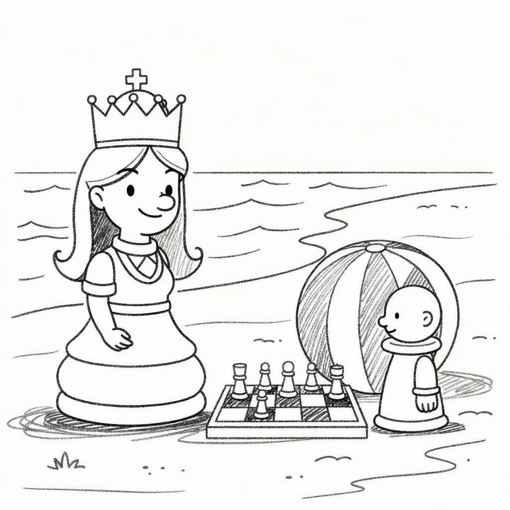 Une dame et un pion jouent aux échecs sur la plage