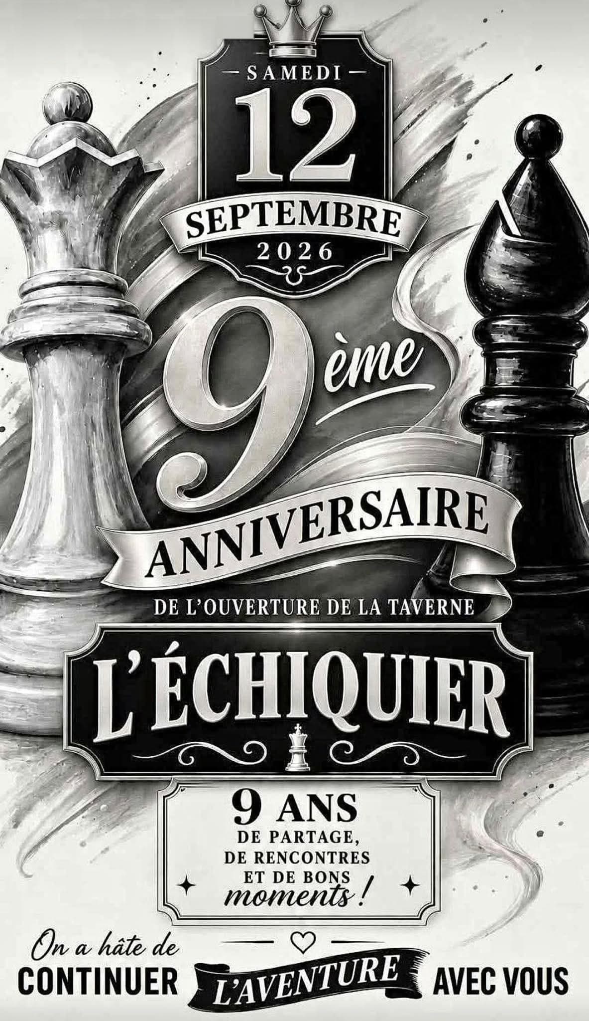 Affiche du 9ᵉ anniversaire de la taverne L'Échiquier, samedi 12 septembre 2026